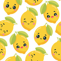 Vector seamless pattern with kawaii citruses. Cute lemons with leaves on white background. Kids print design.