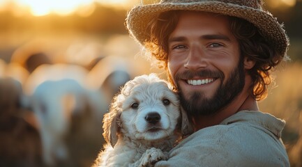 Cheerful Young Farmer Holding a Sheepdog Puppy Outdoors on a Sunny Day