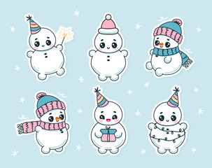 Christmas and new year sticker pack. Cute snowmen with big eyes on blue background.