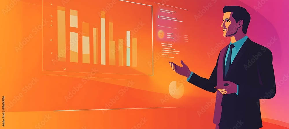 Poster a dynamic image of a business executive giving a presentation in front of a large digital screen sho