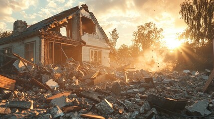 Sunlit aftermath of destroyed house in ruins with debris at sunset