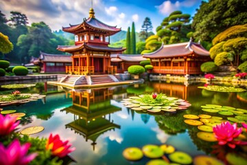 Tilt-Shift Nan Lian Garden: Ancient Buddhist Temple, Water Lilies, Hong Kong