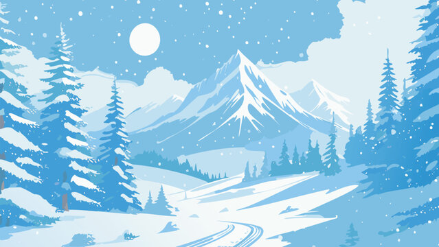 Winter snowy landscape with mountain and trees vector illustration