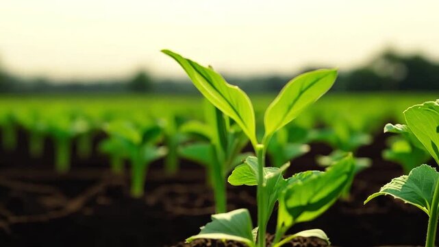 Lots of green seedlings growing on arable land in future-oriented food production.