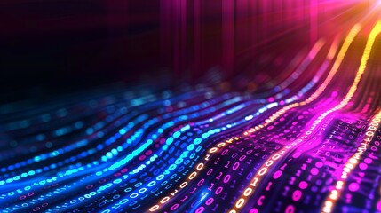 A vibrant and abstract representation of binary code, showcasing a blend of deep blues and bright pinks in a flowing wave-like pattern. good for desktop background