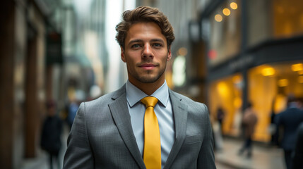  Confident businessman in a tailored gray suit with a yellow tie standing in a bustling city street