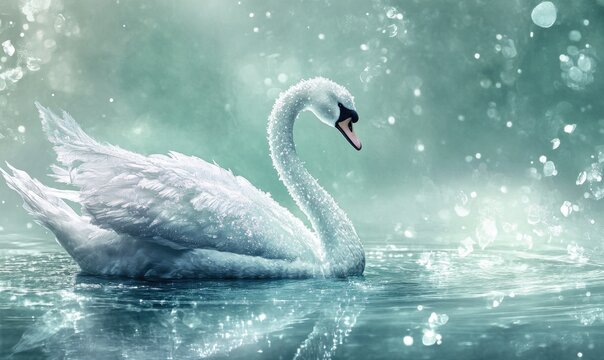 A white swan is swimming in a body of water