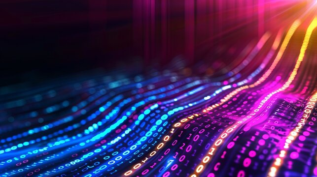 A vibrant and abstract representation of binary code, showcasing a blend of deep blues and bright pinks in a flowing wave-like pattern. good for desktop background