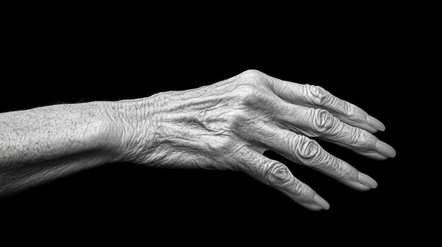 Elderly hand reaching out against a black background showcasing age and wisdom