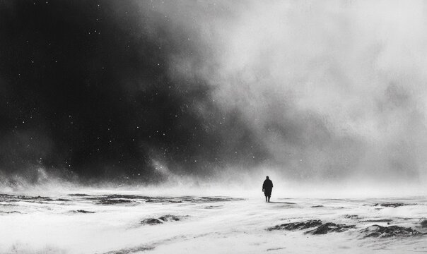 A man is walking in the snow