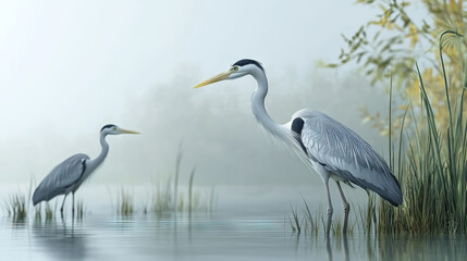 Naklejka premium Great blue heron standing in the water of the lake, next to a clump of reeds, and other marsh plants.