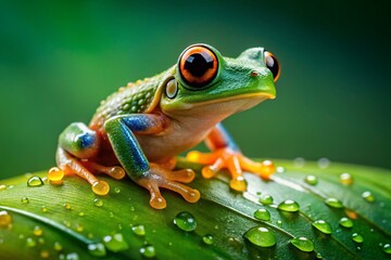 Tiny Frog Macro Photography: Vibrant Green Leaf, Amphibian Detail