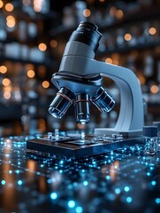 Close up of examining of test sample under the microscope in laboratory.