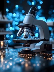 Close up of examining of test sample under the microscope in laboratory.