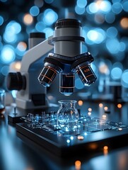 Close up of examining of test sample under the microscope in laboratory.