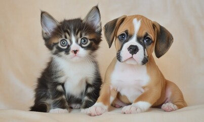 A Norwegian Forest kitten and a Boxer puppy sitting next to each other on a cream-colored background