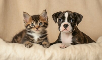 A Norwegian Forest kitten and a Boxer puppy sitting next to each other on a cream-colored background
