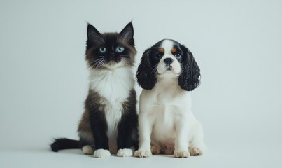 A Ragdoll kitten and a Cavalier King Charles Spaniel puppy sitting side by side on a soft white background