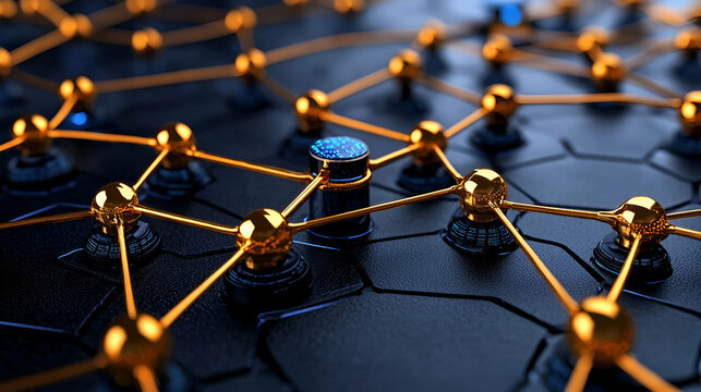 A close-up view of a complex network of interconnected nodes and lines, featuring metallic golden accents against a dark background.