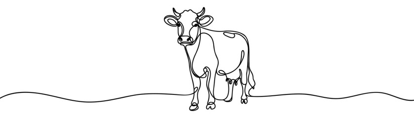 Continuous one line drawing dairy cow. Cattle. Dairy industry. Milk. Side view of a cow. One continuous line isolated minimal illustration.