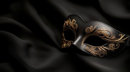 Elegant black mask adorned with gold floral designs set against a soft black fabric background, perfect for use in party invitations, event promotions, or theatrical productions,