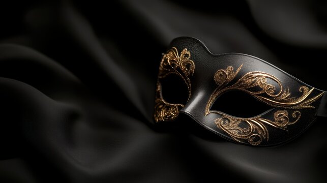 Elegant black mask adorned with gold floral designs set against a soft black fabric background, perfect for use in party invitations, event promotions, or theatrical productions,