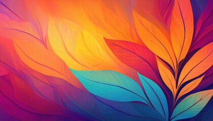 Autumn Blaze: Abstract art of vibrant leaves in warm, fiery hues.  A captivating blend of orange, red, and teal leaves against a rich purple backdrop. Perfect for fall themes, nature designs.