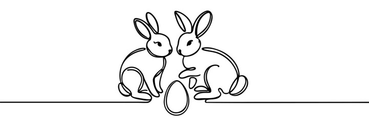 Easter Bunny continuous one line drawing. Easter border with eggs and cute cartoon bunny in continuous line art drawing style. Illustration for Easter with Rabbit Black and white vector