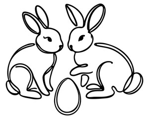 Easter Bunny continuous one line drawing. Easter border with eggs and cute cartoon bunny in continuous line art drawing style. Illustration for Easter with Rabbit Black and white vector