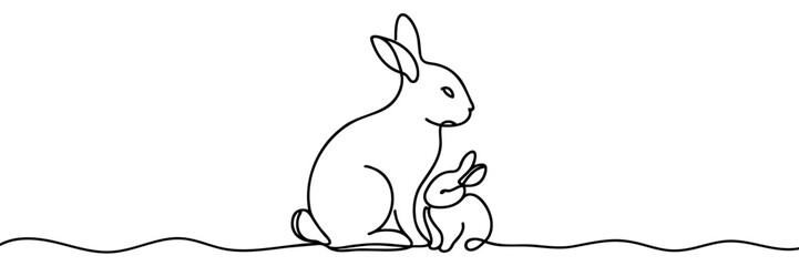 Easter Bunny continuous one line drawing. Easter border with eggs and cute cartoon bunny in continuous line art drawing style. Illustration for Easter with Rabbit Black and white vector