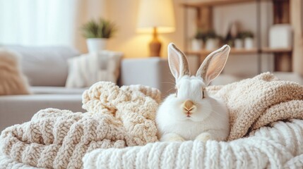 Fluffy bunny in plush blanket in well-decorated living room