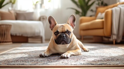French bulldog resting on plush rug in tastefully decorated living room