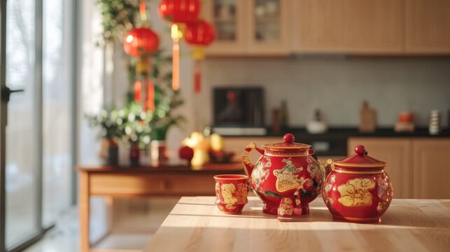 Cozy bright home interior with chinese new year decorations in kitchen