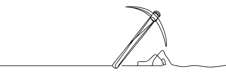 Construction, miner's line drawn of a metal pickaxe with a wooden handle for digging earth, ore, gold mining, and minerals for repair. Construction metalwork tool. Vector.