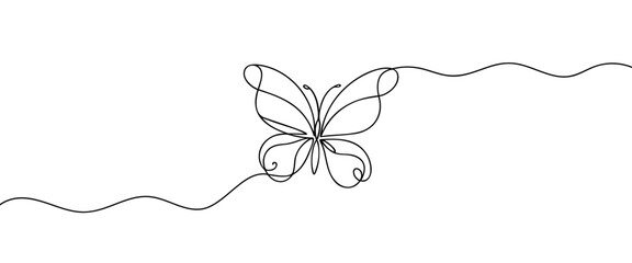 Butterfly continuous one line drawing of Isolated outline vector art. Butterfly One line drawing isolated on white background. Continuous one line drawing of a flying butterfly on a white background.