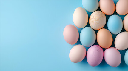 A collection of pastel-colored eggs arranged aesthetically on a light blue background, evoking a festive and cheerful atmosphere.