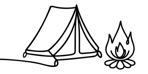 Continuous one line drawing of tent camping in outdoor. Canvas tent line art vector illustration.