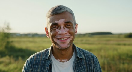 Young hispanic male with vitiligo smiling in sunny countryside for awareness and diversity