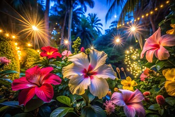 Tropical Garden Flowers Long Exposure Photography, Stunning Night Bloom, Vibrant Hibiscus, Orchid, Plumeria, Lush Foliage,  Exotic Plants, Night Photography, Long Exposure Shot