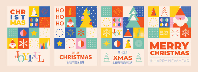 Merry Christmas and Happy New Year posters or cards in geometric style. Winter playful design for greeting cards, posters, holiday cover, banner in swiss style. Vector illustration