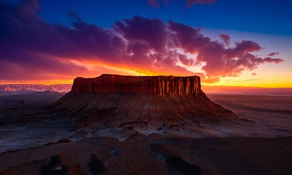Majestic sunset over a rugged mesa in a desert landscape.