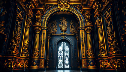 Fototapeta premium Luxurious Gold and Black Baroque Style Palace Portal with Ornate Columns – Generative AI Interior Design