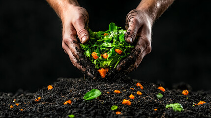 A pair of hands holds fresh greens and vegetables, surrounded by rich, dark soil, symbolizing gardening, sustainability, and the earth's bounty.