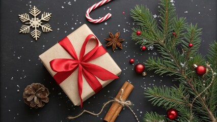 A festive Christmas gift wrapped in brown paper with a red bow and a pine branch with red ornaments.  The background is a black surface with a scattering of white snowflakes.