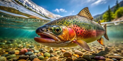 Fototapeta premium Underwater Trout Spawning, Mountain River Fish, Closeup Candid Photo, Wild Trout Reproduction