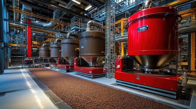 Modern industrial facility showcasing large red and brown hoppers for processing raw materials, featuring advanced machinery and a clean, organized workspace.