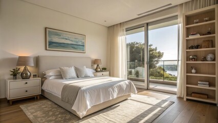Fototapeta premium A contemporary bedroom featuring a comfortable bed with plush pillows and a warm rug, accented by natural light streaming through large windows offering stunning views of a serene landscape.