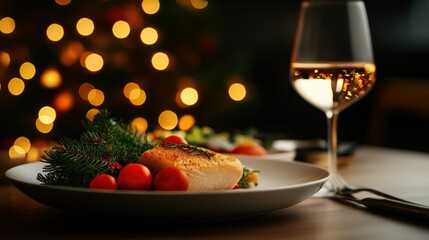 A beautifully arranged plate with a piece of fish garnished with rosemary, surrounded by cherry tomatoes, next to a glass of white wine