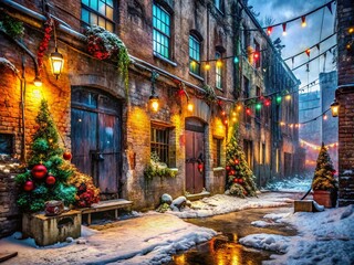 Naklejka premium Urban Christmas Cenefas: Grungy Festive Decay, Industrial Holiday Lights, Abandoned Building, Festive Graffiti, Winter Wonderland Ruins