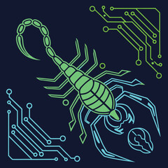 Neon circuit board designs a crab in green and blue Illustrator Artwork
